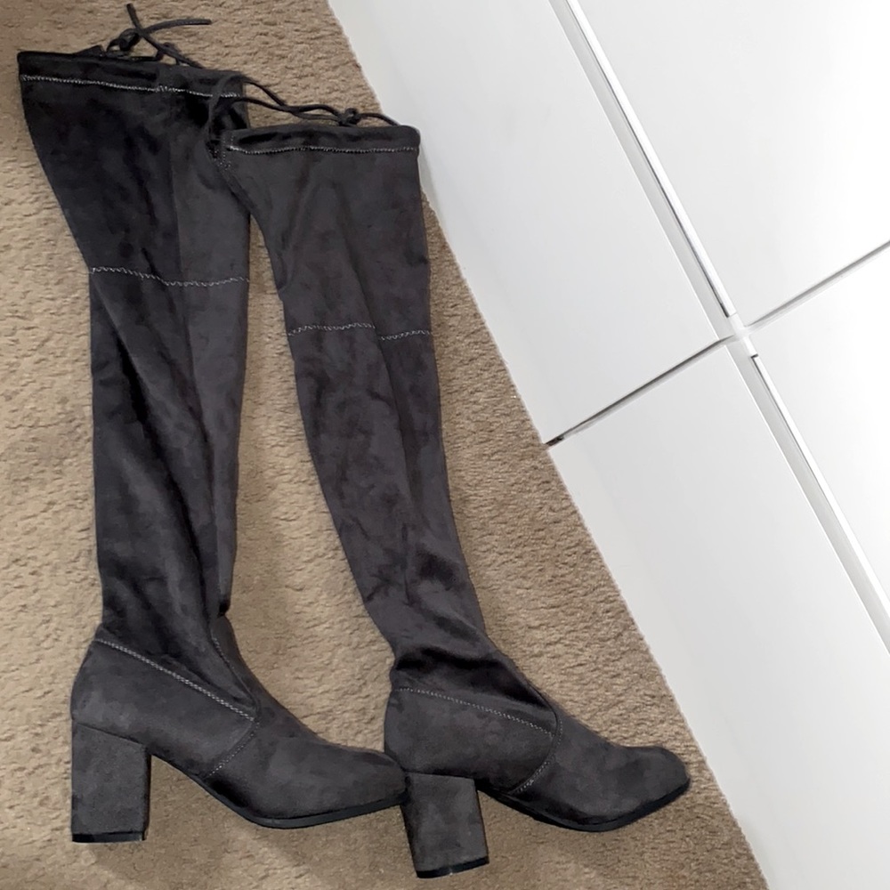 Grey knee high boots